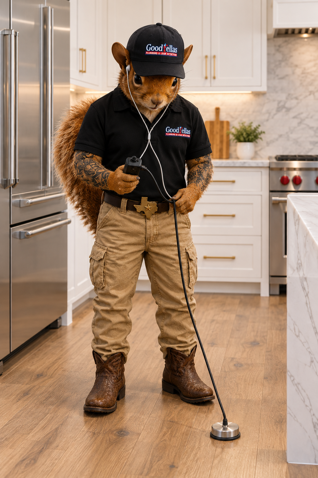 Good Fellas squirrel leak detection technician listening for a leak in a kitchen